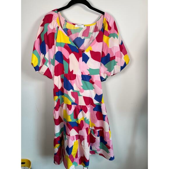 avara Dresses & Skirts - AVARA Abstract Print Puff Sleeve Tiered Babydoll Dress Pink Colorblock XL